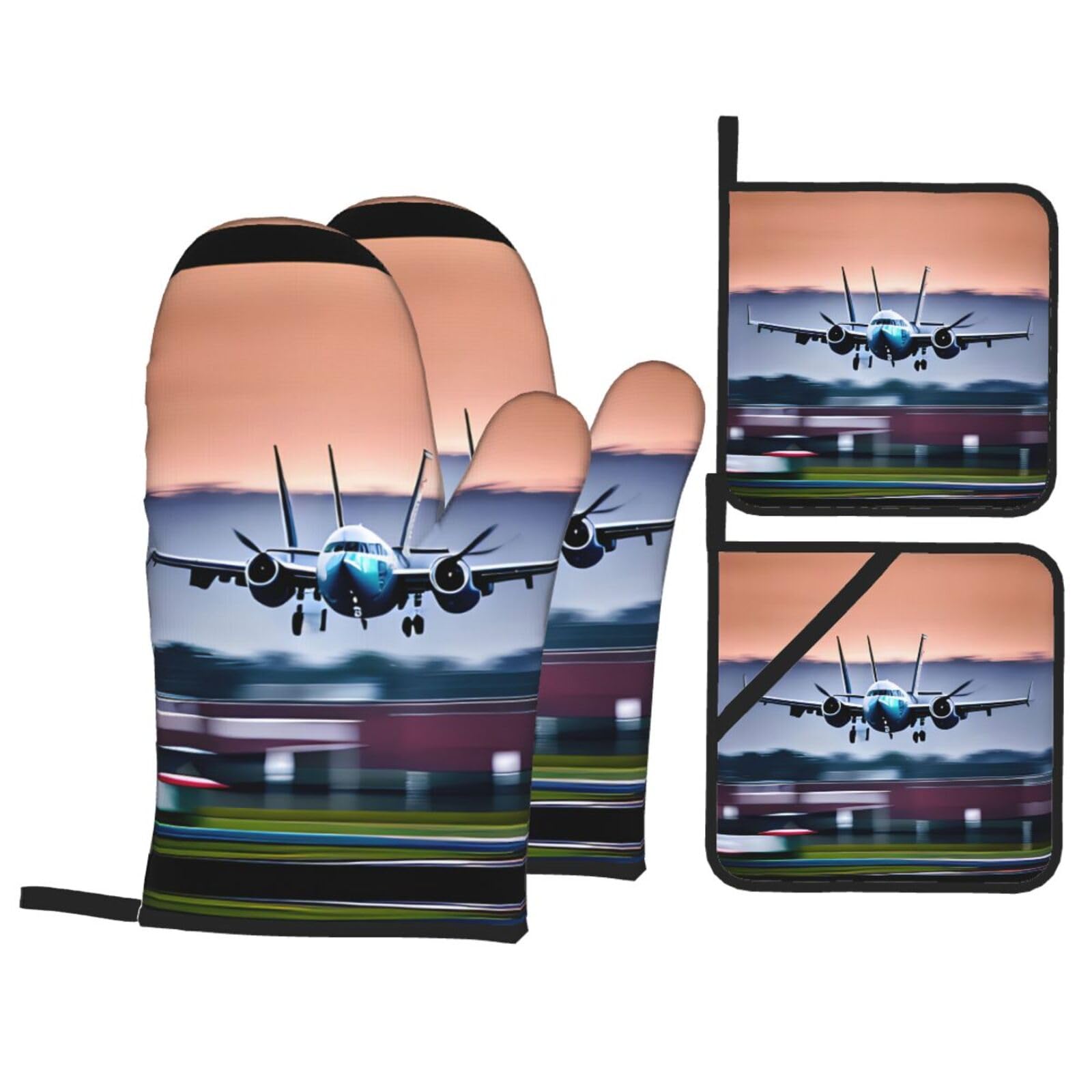 Fly Airplane Print Stylish 4-Piece Microwaving Oven Waterproof Kitchen Gloves Baking Holiday Cooking