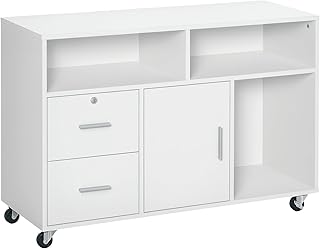 HOMCOM Mobile Porta Stampante a Rotelle con 2 Cassetti Chiudibile a Chiave, 3 Ripiani e Armadietto, Mobile Stampante per Documenti da Ufficio e Studio, 100x35x65 cm, Bianco