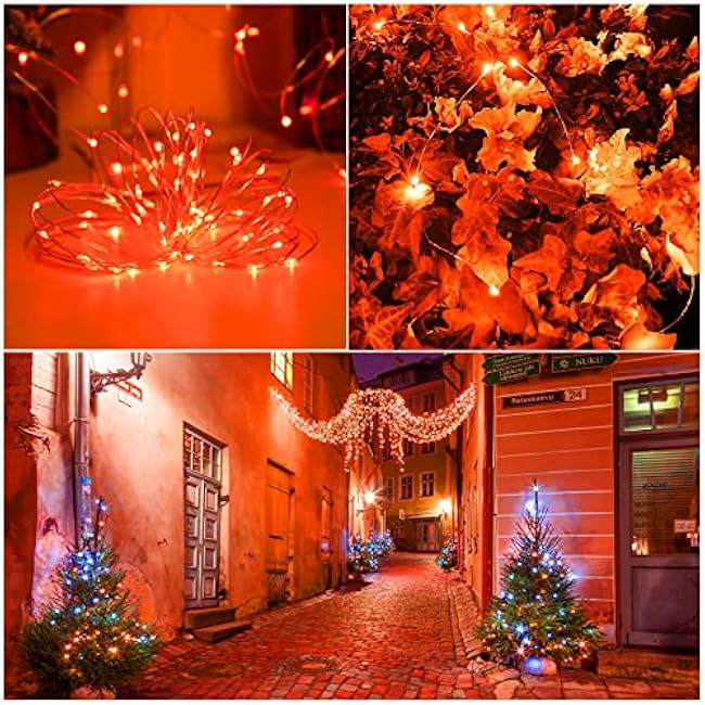 YAOZHOU Fall Outdoor Decor, Solar Orange Copper String Lights, Fairy Fall Lights Thanksgiving Halloween Decorations, 2Pack Total 200 LED 8 Modes Waterproof for Porch, Garden, Patio, Fence, Balcony