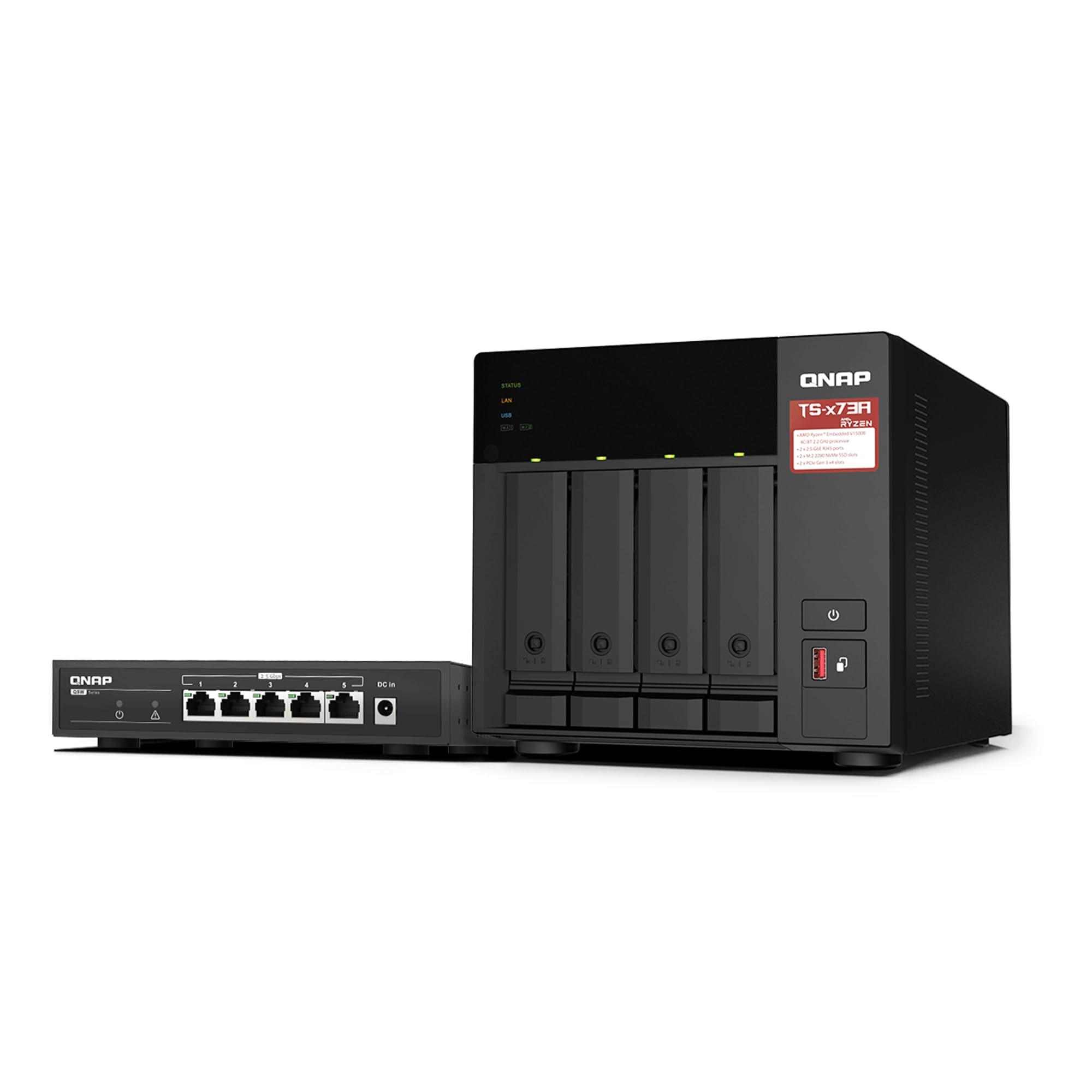QNAP TS-473A 4-Bay AMD Ryzen Quad-Core 2.5GbE NAS with QSW-1105-5T 5-Port 2.5GbE Unmanaged Switch