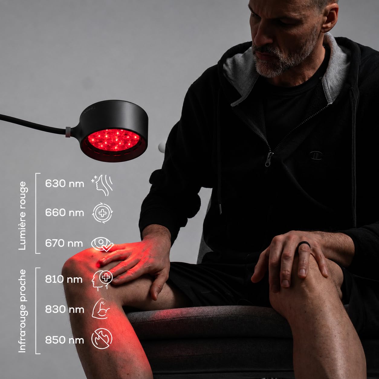Gen30 Lampe LED à lumière rouge avec 6 longueurs d'onde (630-850 nm) | Lampe lumière rouge et infrarouge proche avec mode vision 670 nm | Réglable en hauteur en continu, mode impulsion (noir)