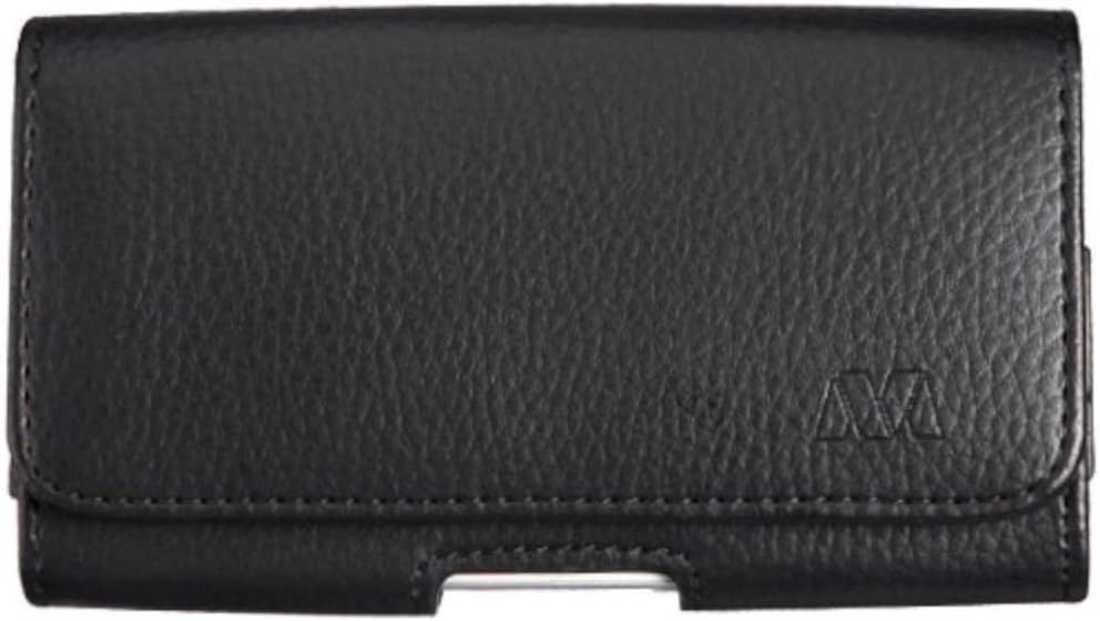 Black / Gray Leather Feel Textured High Quality Horizonontal Carry Pouch with Magnetic Cover Flap Belt Clip Cell Phone Protection