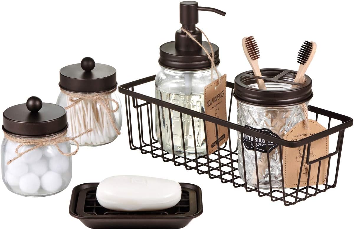 Premium Mason Jar Bathroom Accessories Set (6PCS) - Lotion Soap Dispenser,Toothbrush Holder,2 Apothecary Jars(Qtip Holder),Soap Dish,Metal Wire Storage Organizer Basket-Rustic Farmhouse Decor (Bronze) : Home & Kitchen