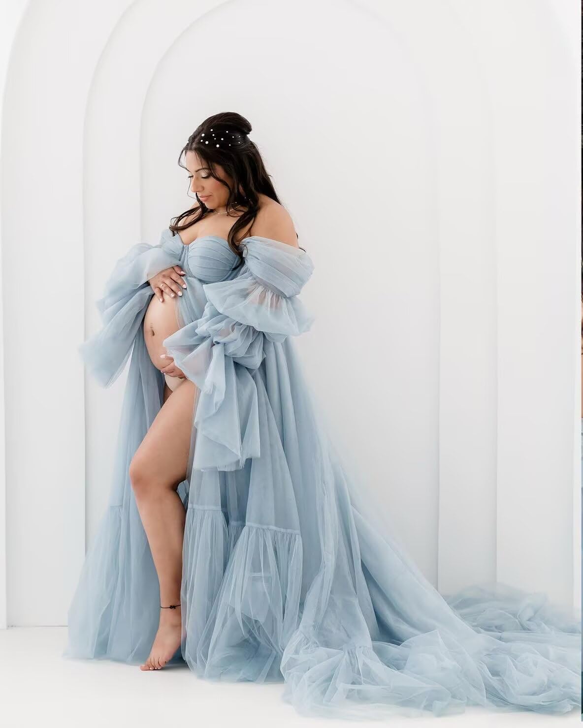 Off Shoulder Maternity Photoshoot Dresses Tulle Robes Puffy Sleeves Ruffles Photography Pregnancy Gowns