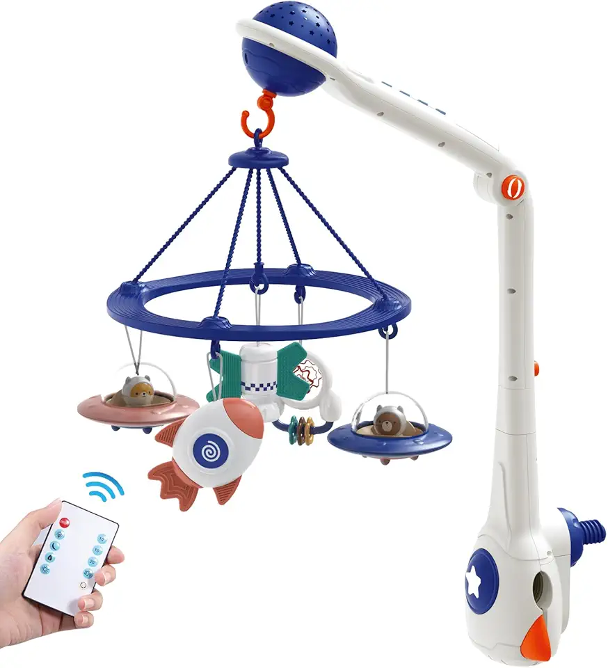 Musical Baby Mobile, Space Themed Nursery Mobile with Light Projection, Rocket and Spaceship Teether Toys, Hanging Toy Mobile for Crib
