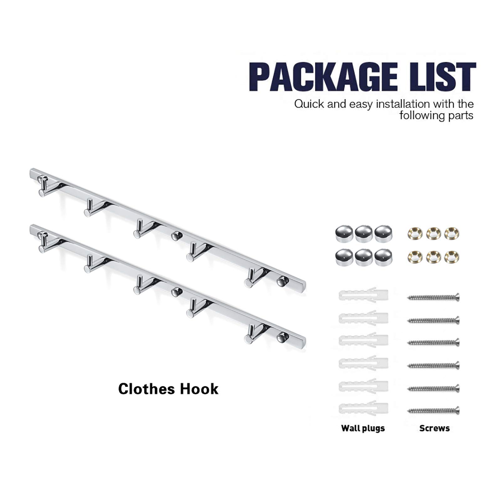 Handtuchhaken mit 5 Haken, Messing Kleiderhaken Wandhaken Hakenleiste Verchromt Mantelhaken, Garderobenhaken für Bad, Küche, Büro, Schraube Installation,2 Hooks