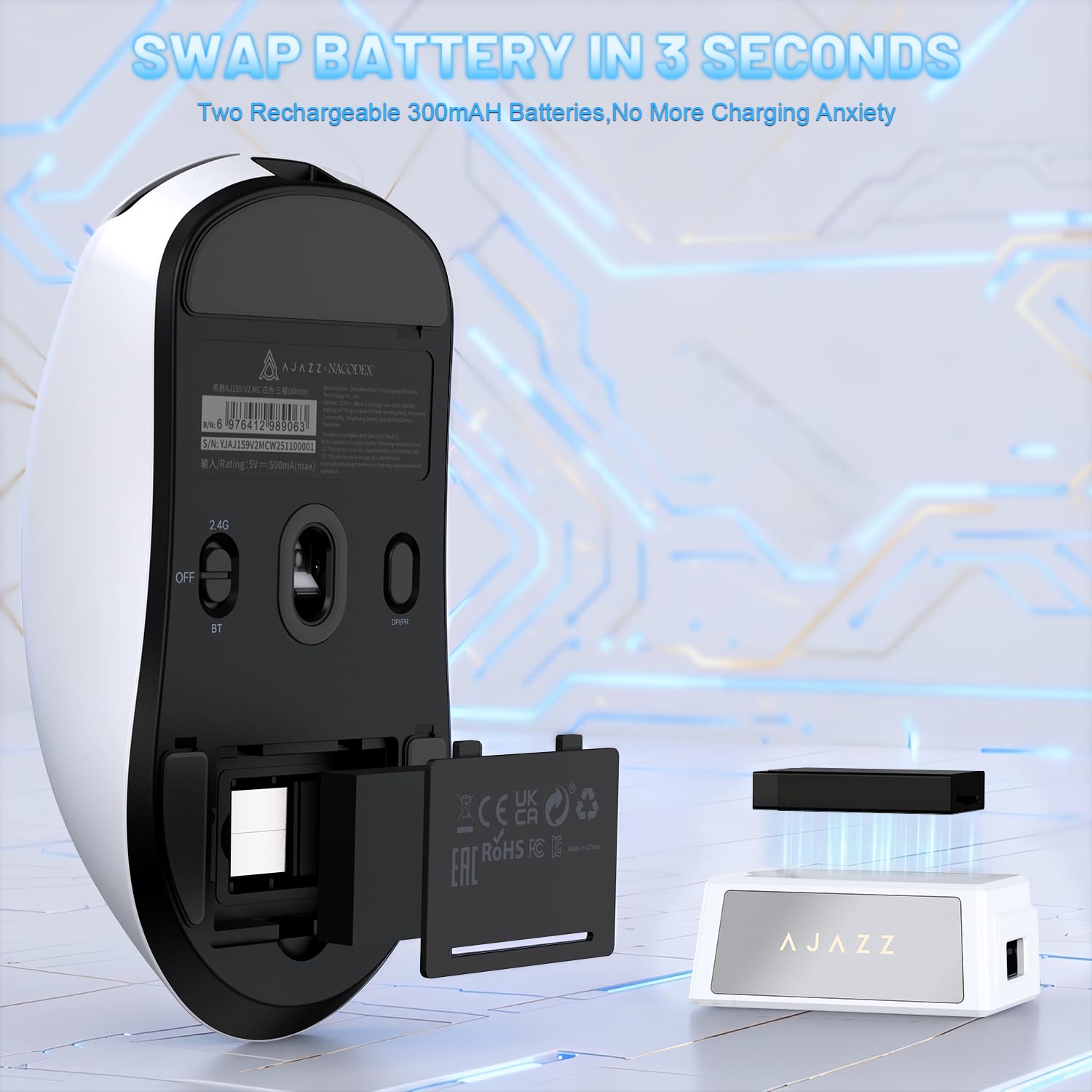 A.JAZZ AJ159 V2 Ratón Gaming Inalámbrico Ultraligero Con Batería Intercambiable En Caliente, Dos Baterías 300mAh Y Base De Carga, 54g, Sensor PAW3395, 32000 DPI Compatible PC Y Mac (Blanco)