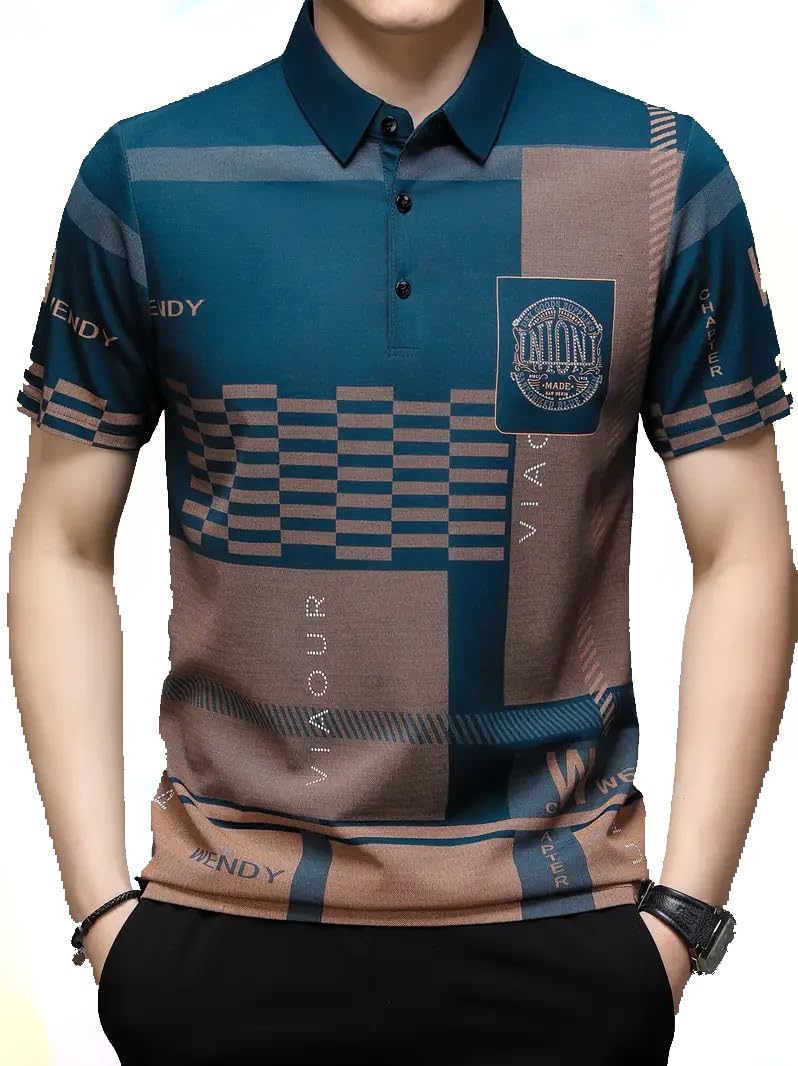 Men's Irregular Geometric Pattern and Alphabet Print Sports Collar Tshirt (Rizim Temu Print Polo-Blue)