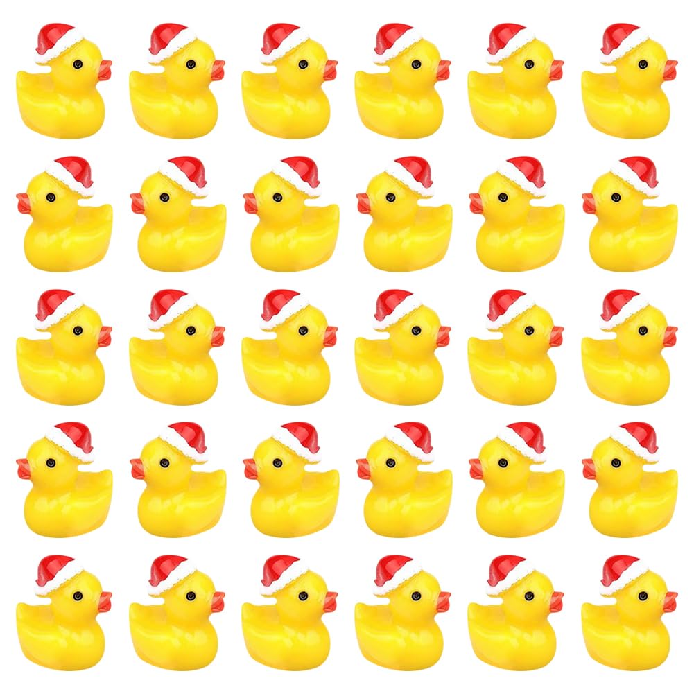 HugeDE 50 Pcs Small Resin Christmas Ducks Miniature Duck Figures Tiny Yellow Ducks Mini Duck Charms Little Duck Decorations with Christmas Hat