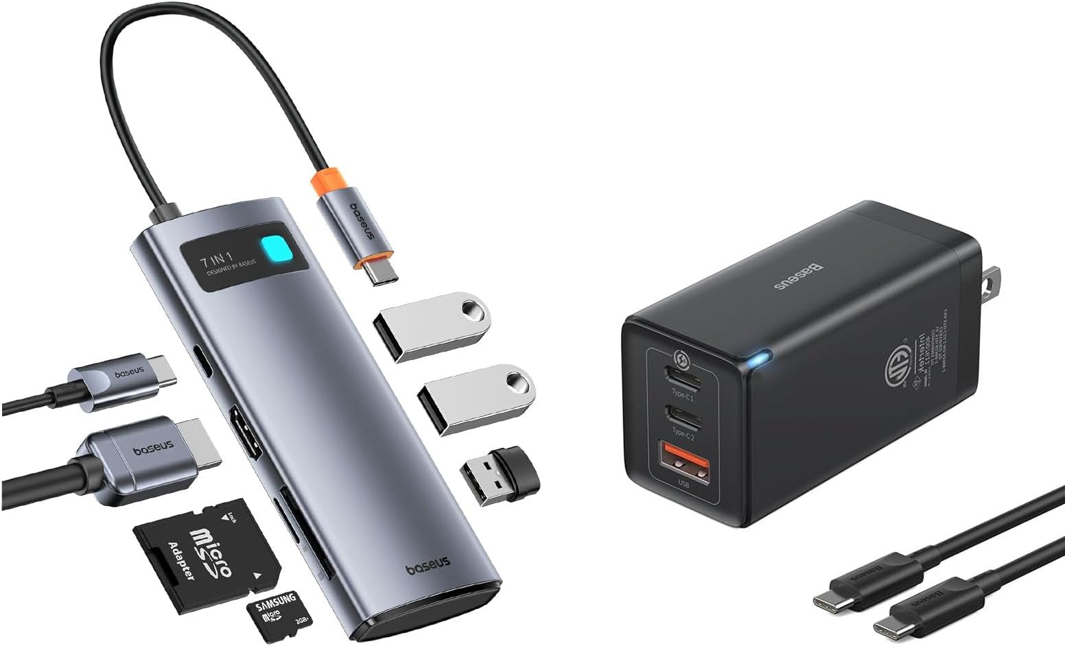 USB C Hub, 4K@60Hz HDMI USB C Docking Station, 7 in 1 USB Hub & USB C Charger, Baseus 65W USB C Wall Charger, 3 Ports Foldable GaN Charger, Fast Charger Block for iPhone 15/14/13/Pro Max/SE/XR