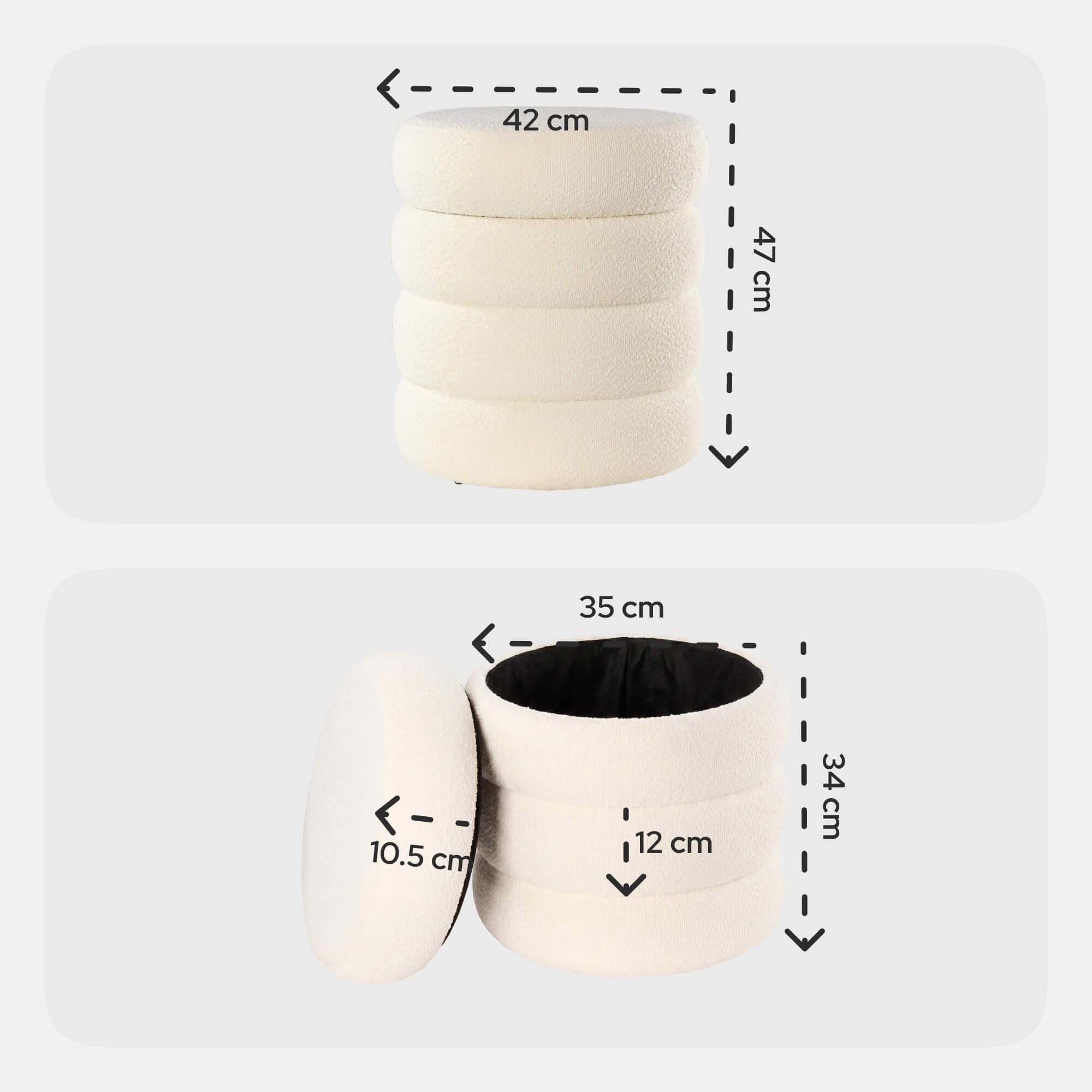 AREBOS Pouf contenitore Ø42 cm | Bouclé | Pouf imbottito | 120 kg | Pouf rotondo con coperchio rimovibile, morbido tessuto bouclé e pratico vano portaoggetti