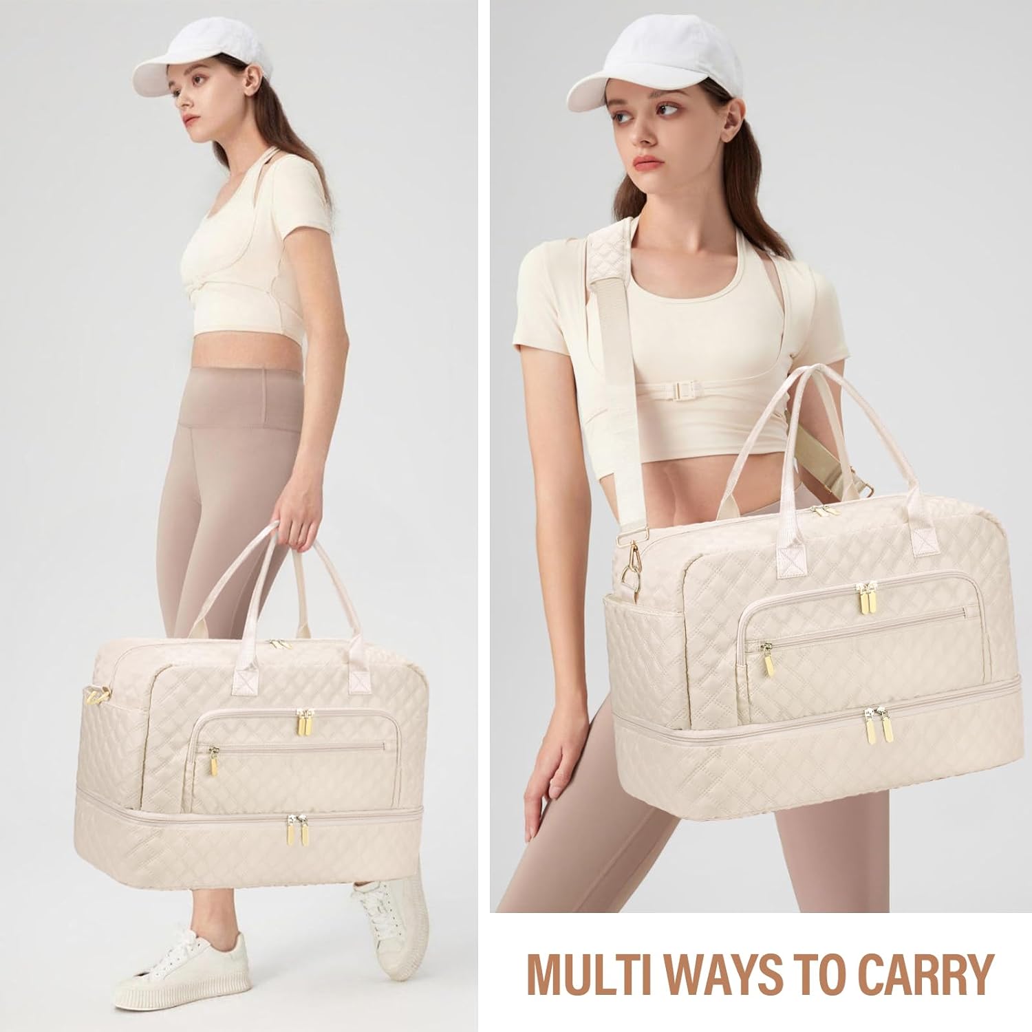 Large Travel Duffle Bag for Women,Carry on Overnight Bag Weekender Bags with Toiletry Bag Travel Bags for women with Shoe Compartment for Gym Business Trips Sport Hospital(Beige) - Image 6