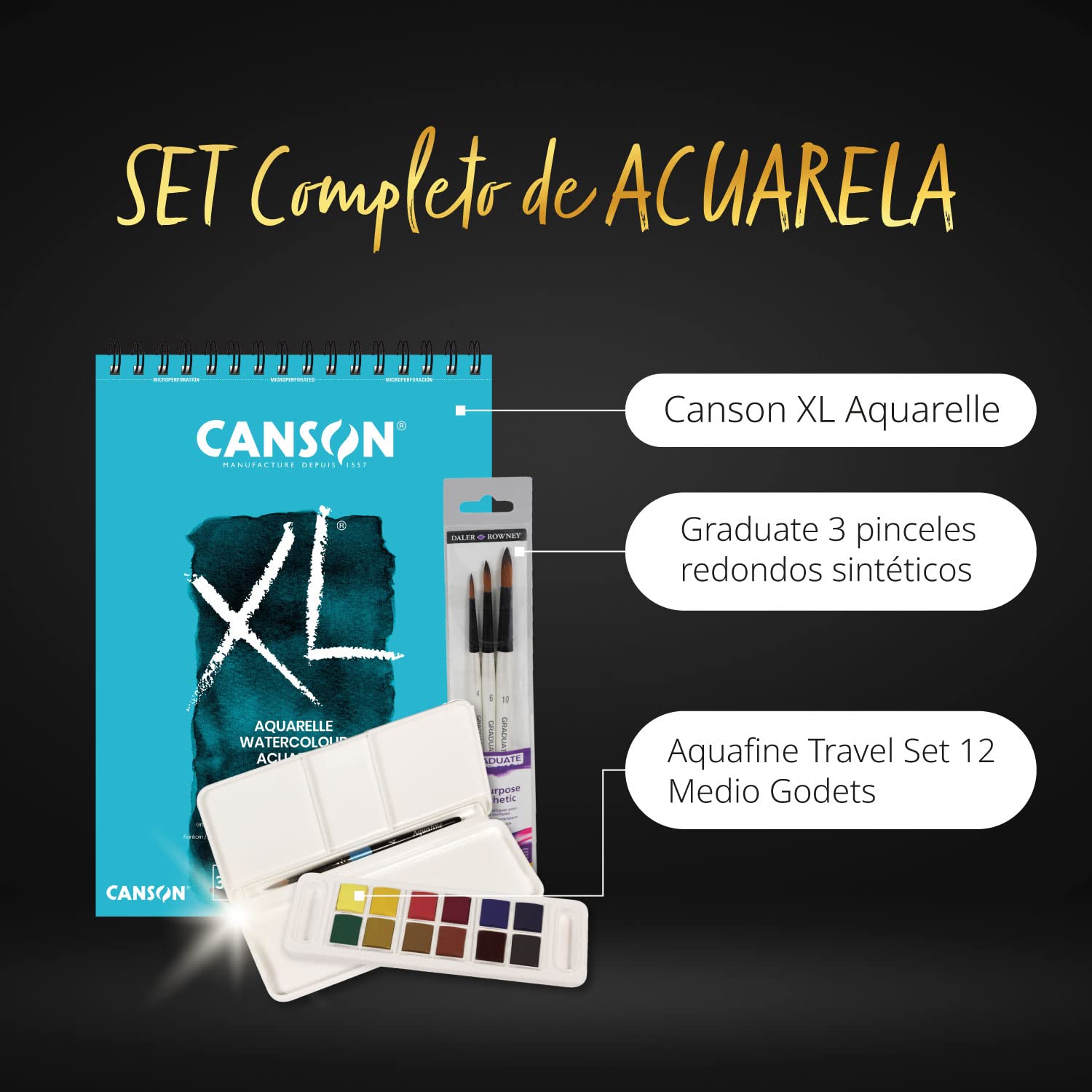 Pack Bloc Canson XL Aquarelle A4 con 30 Hojas, Acuarelas 12 Aquafine Travel Set Daler Rowney y 3 Pinceles Redondos. Set Completo de Acuarela Profesional para Todas las Edades - Ofituria