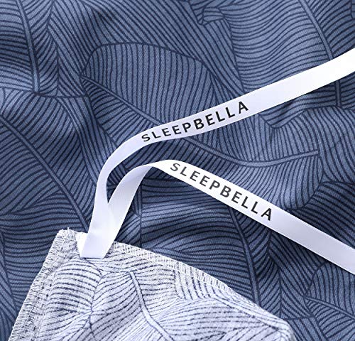 Image of SLEEPBELLA Duvet Cover Set Twin, Navy and Grey Leaves Pattern with Blue Embroidered Flange 600 Thread Count Cotton Reversible Bedding Set