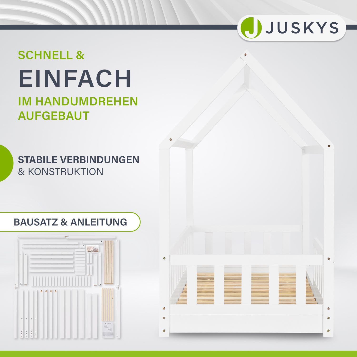 Juskys® Kinderbett Marli 90 x 200 cm mit Matratze, Rausfallschutz, Lattenrost & Dach - Massivholz Hausbett für Kinder - Bett in Weiß