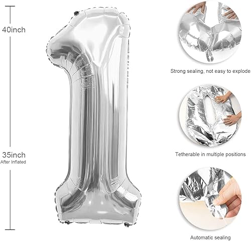 Miniatura 2 de Globo de número, globos de números de 40 pulgadas, globos plateados del número 1, globo gigante, globo de números de feliz cumpleaños, números