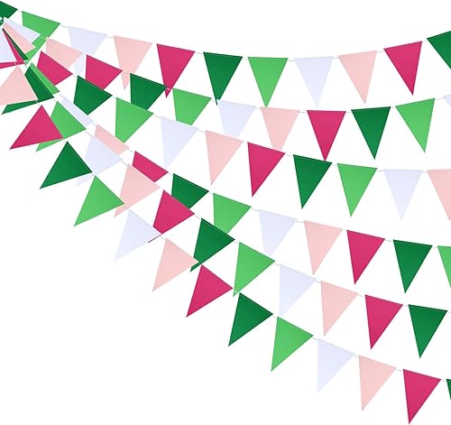 Miniatura 2 de Mefuny Banderines en blanco de 30 pies, 45 unidades, color verde, rosa, blanco, banderines de banderines triangulares, guirnaldas de banderines