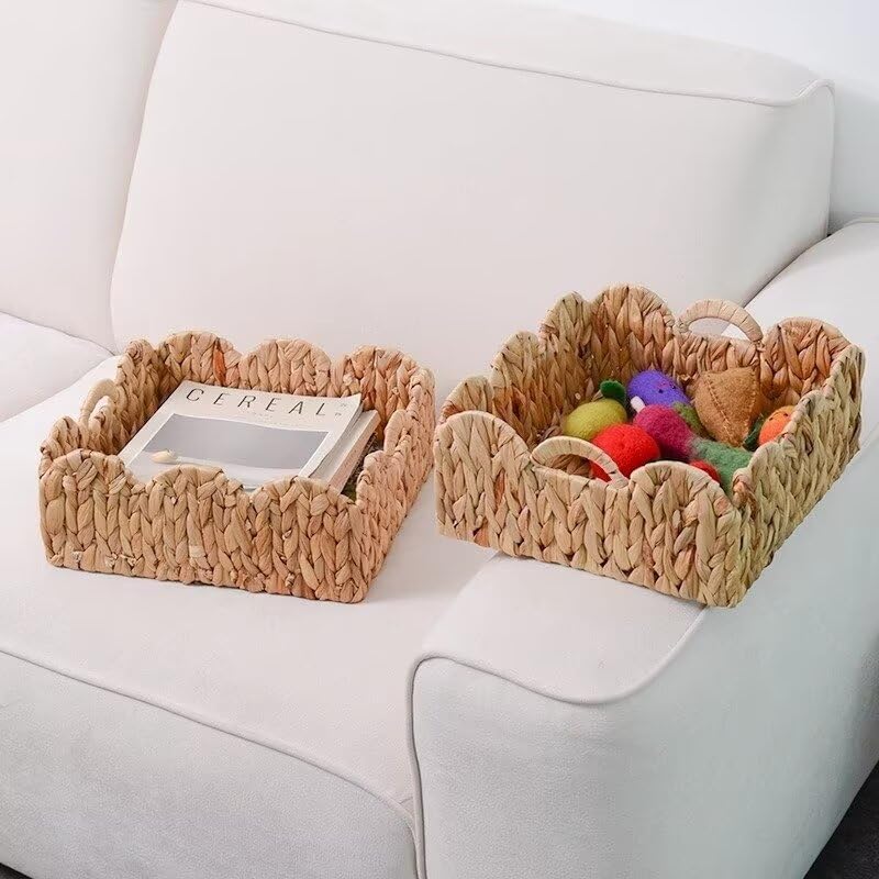 Scalloped Wicker Basket, Nursery Basket with Handles, Woven Rattan Baskets for Organizing, Scalloped Edge Basket Shelf Decorative, Water Hyacinth Bathroom Living Room Organizer Set of 2