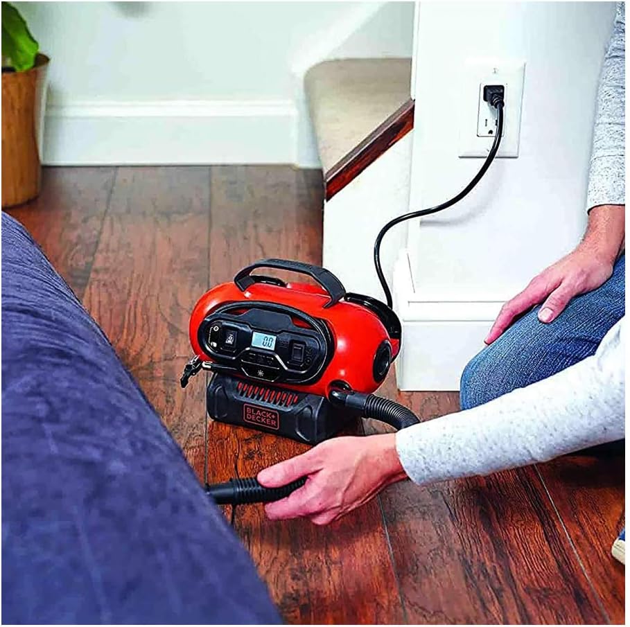 BLACK+DECKER BDCINF18N-QS Gonfleur-Compresseur filaire ou sans fil - Batterie 18 V / Calbe 220 V / Allume-cigare 12 V - 11 bars / 160 PSI - Fourni avec 3 aiguilles et embouts, Orange