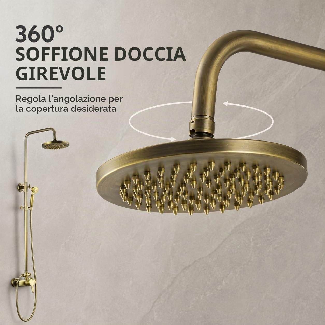 Doccia a Incasso Sistema Parete con Soffione Pioggia Quadrato 20cm, Doccetta a Mano, Rubinetto Vasca e Asta Doccia Regolabile in Finitura Bronzo