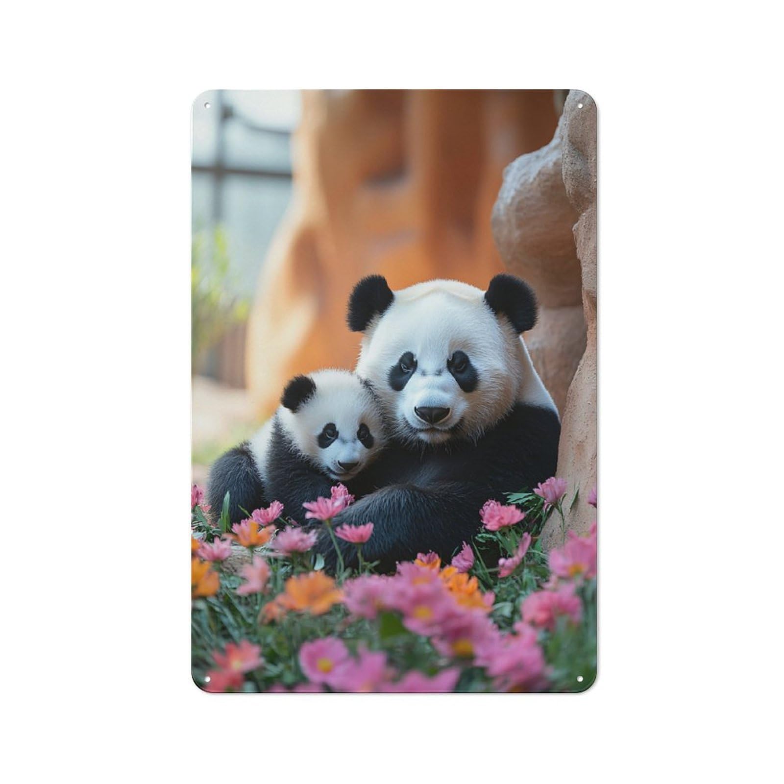 Metal Wall Sign 30x20cm Featuring Mother And Baby Panda in Flowers for Workshop Wall, for Room Styling Across Workshops And Hobby Rooms