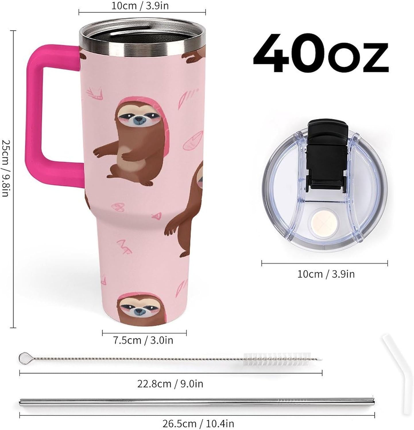 40 Oz Insulated Mug with Handle, Stainless Steel Sloth-pink Printed Travel Mug Portable Leak-proof Large Car Mug for Home, Office Or Car