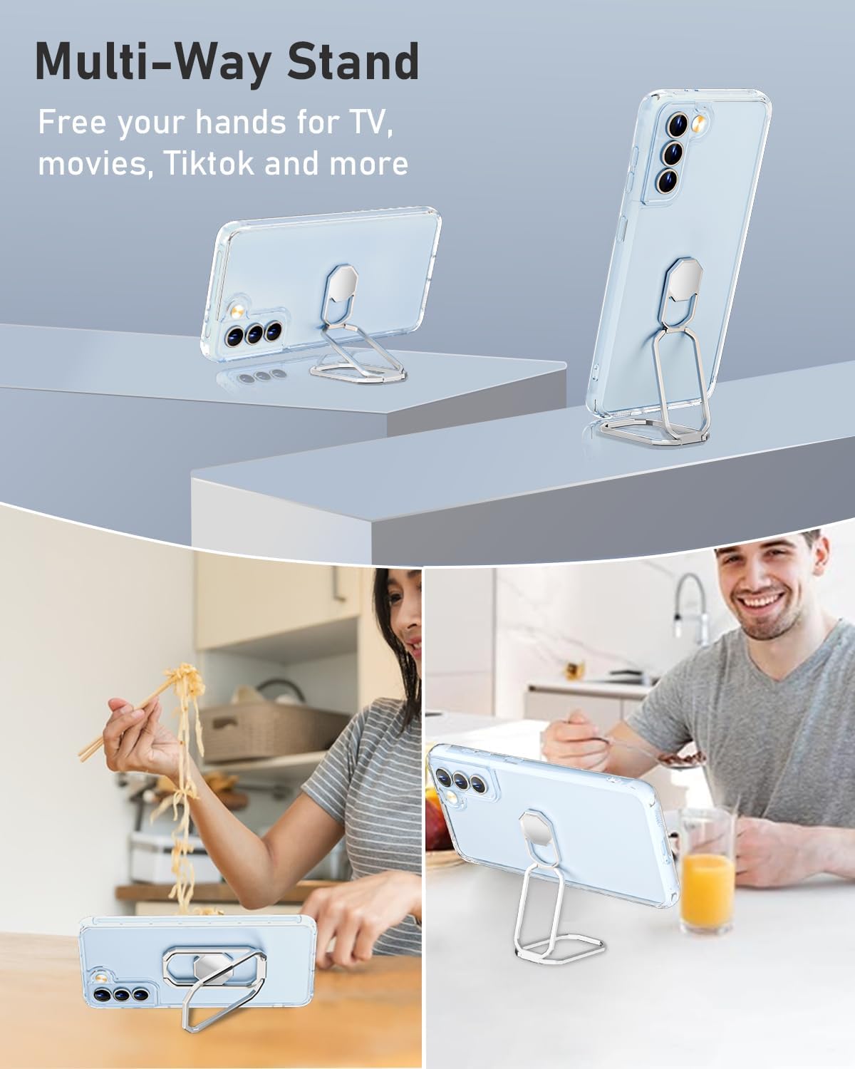 WINTONG for Galaxy S21 Case with Metal Stand, for Samsung S21 Case Clear with Double Ring Holder Finger Kickstand [Foldable & Adjustable] Shockproof Protective Cover - Transparent - Image 4