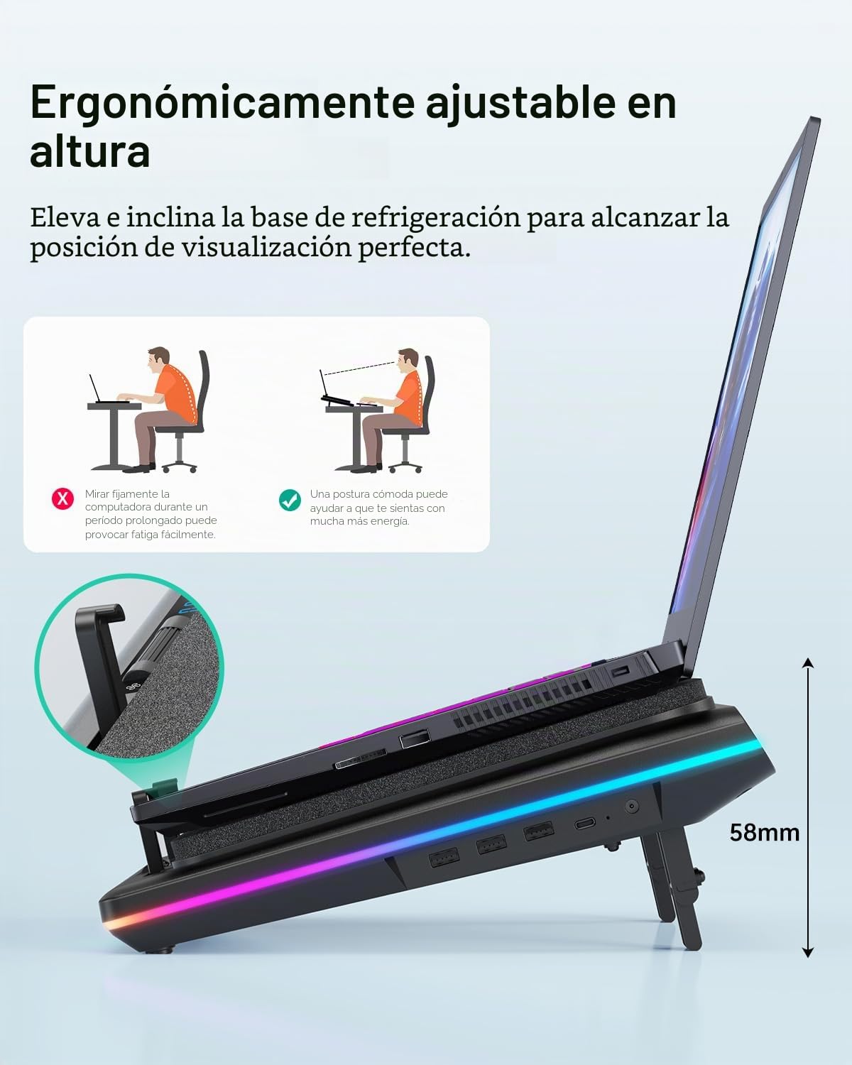llano Base refrigeradora portatil Gaming RGB con Velocidad Ajustable Ventilador Turbo de 14 cm Extra concentrador USB de 3 Puertos y Filtro de Polvo para portátiles de 38 a 48 cm