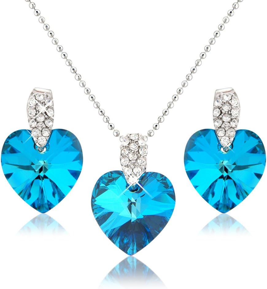 Ocean Blue Heart Necklace and Earring Set - Swarovski Elements Crystals - Silver Tone - Gift Present for Her