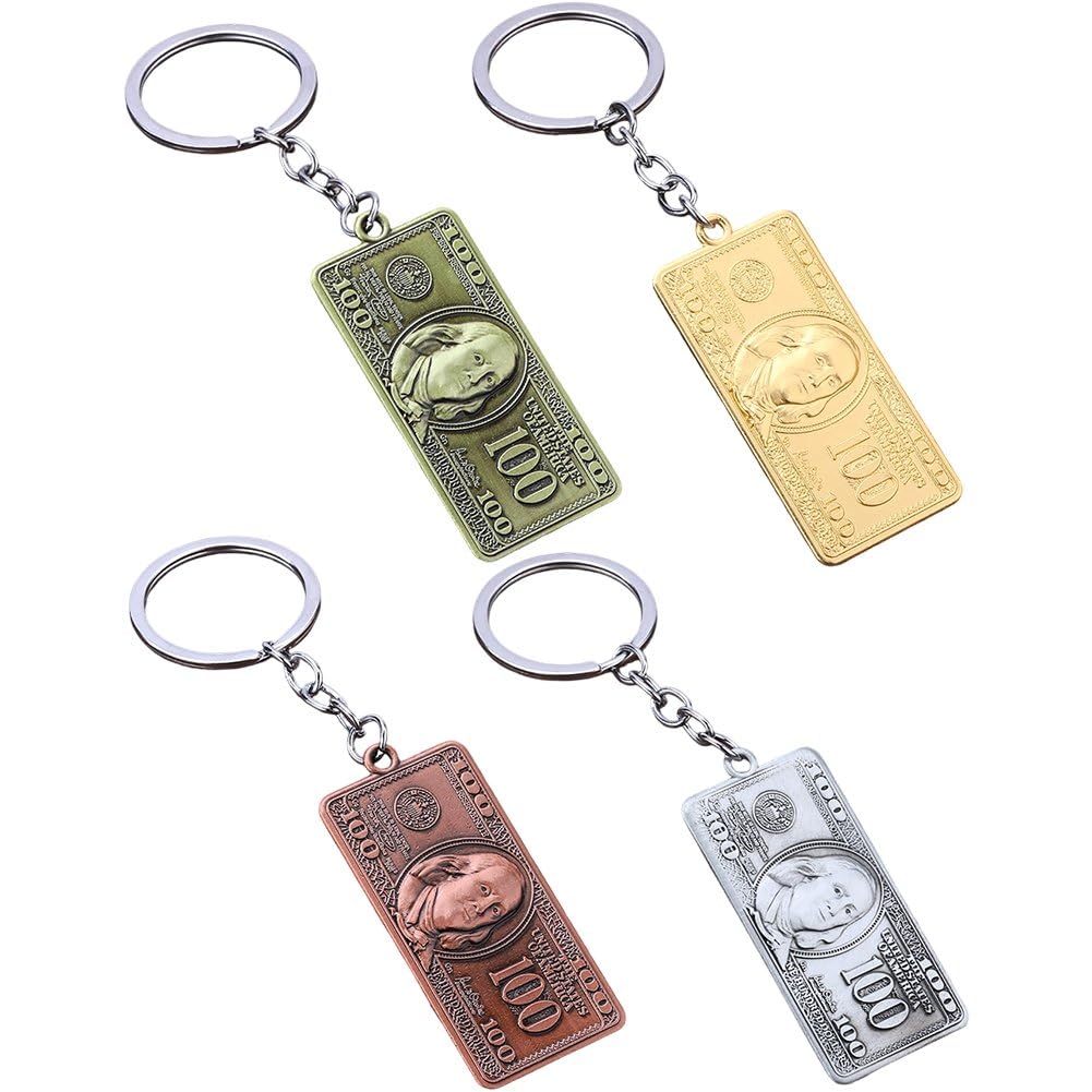 Fituenly 4pcs 100 Dollar Bill Charm Keyring with Silver Tone Keychain and Stainless Steel Charm,Backpack Keyring, Handbag Pendant