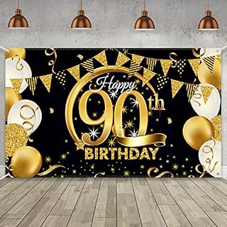 Birthday Party Decoration Extra Large Fabric Black Gold Sign Poster for Anniversary Photo Booth Backdrop Background Banner, Birthday Party Supplies, 72.8 x 43.3 Inch (90th)
