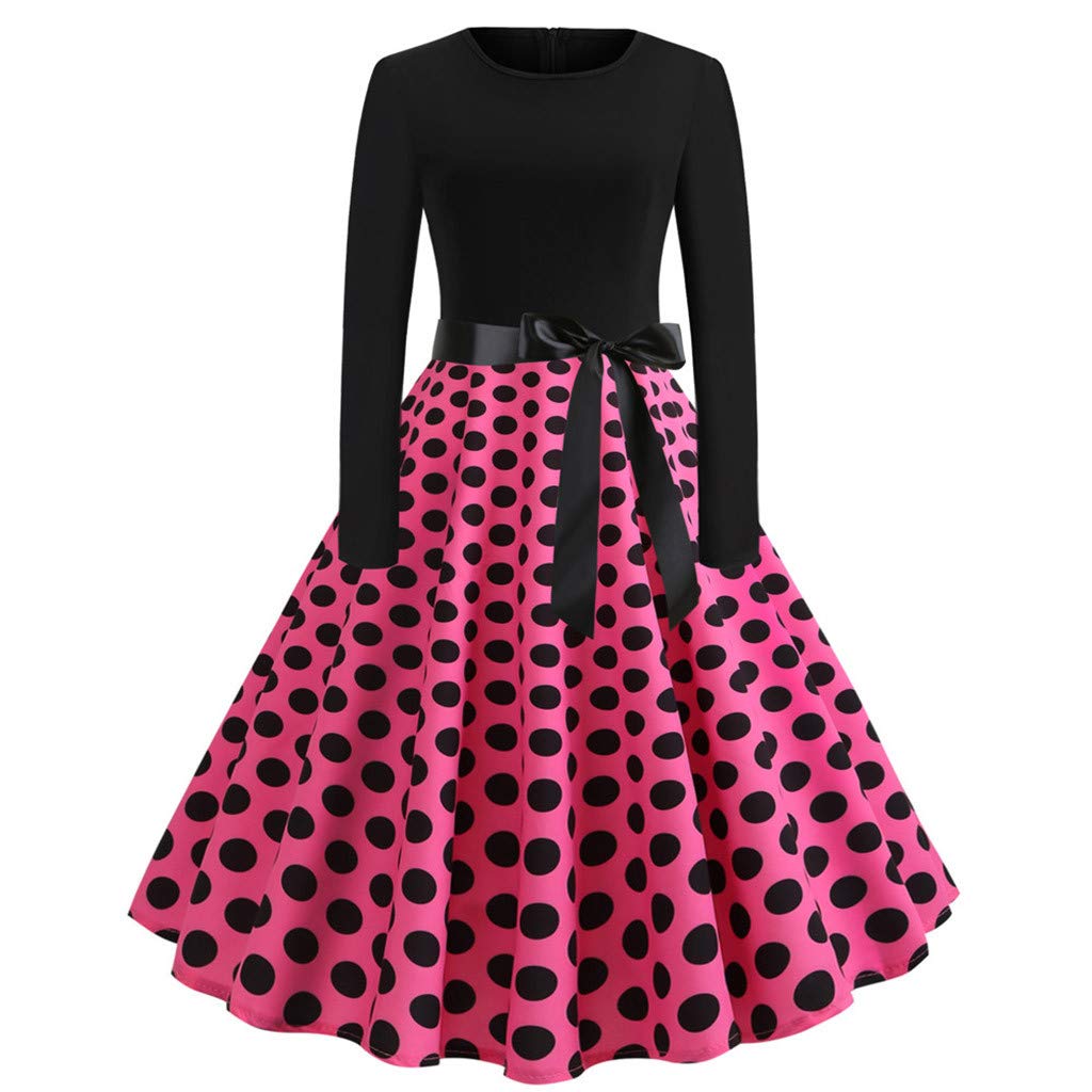 Women's Long Sleeve Solid Color Polka Dot/Floral/Plaid/Four Leaf Print Splicing Waist Bow Ribbon Banquet Party Tutu Dress
