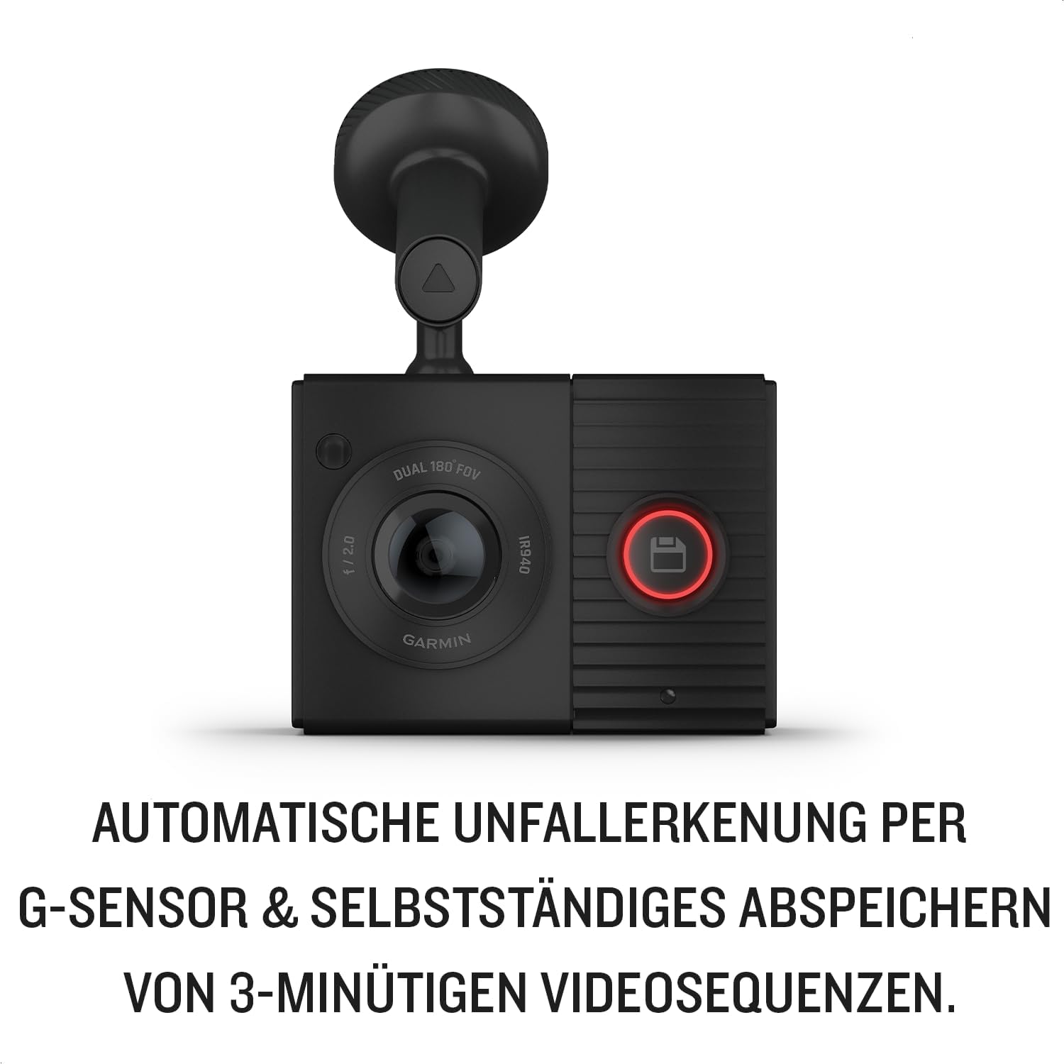Garmin Dash Cam Tandem with text: Automatic incident detection via G-sensor & independent saving of 3-minute video sequences.