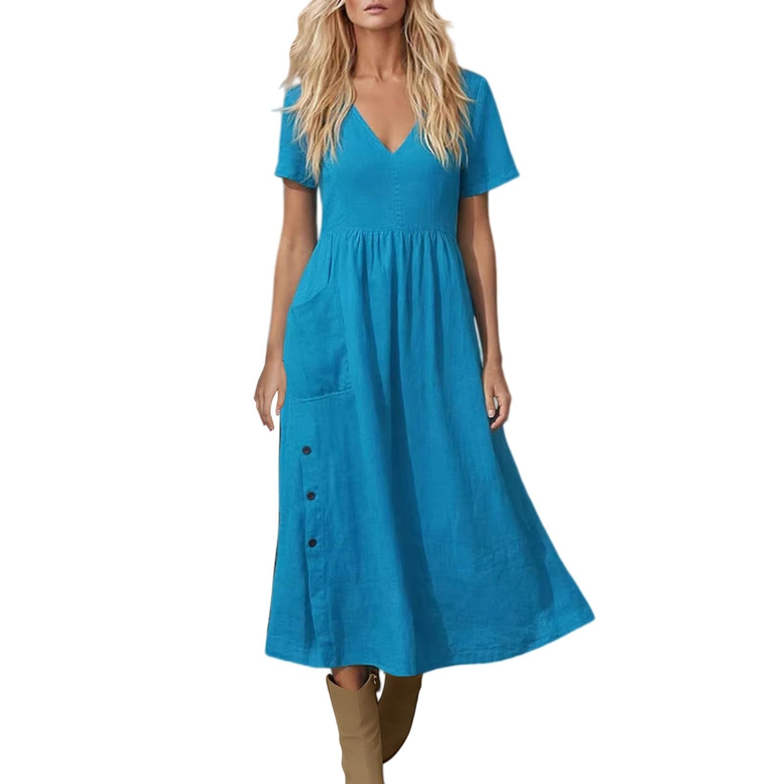 Vestito Estivo Donna Elegante Abiti Casual da Donna alla Moda 2026, Abito Estivo a Maniche Corte, Lunghezza al Ginocchio, con Tasche, Ideale per i Viaggi. Vestito da Spiaggia