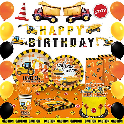 Construction Birthday Party Supplies Dump Truck Party Decorations Kits Set - Table Cover, Plates, Cups, Napkins, Utensils, Goody Bags, Swirls, Party signs, Birthday Banner & Balloons Serves 16 Guests For Kids Birthday Party