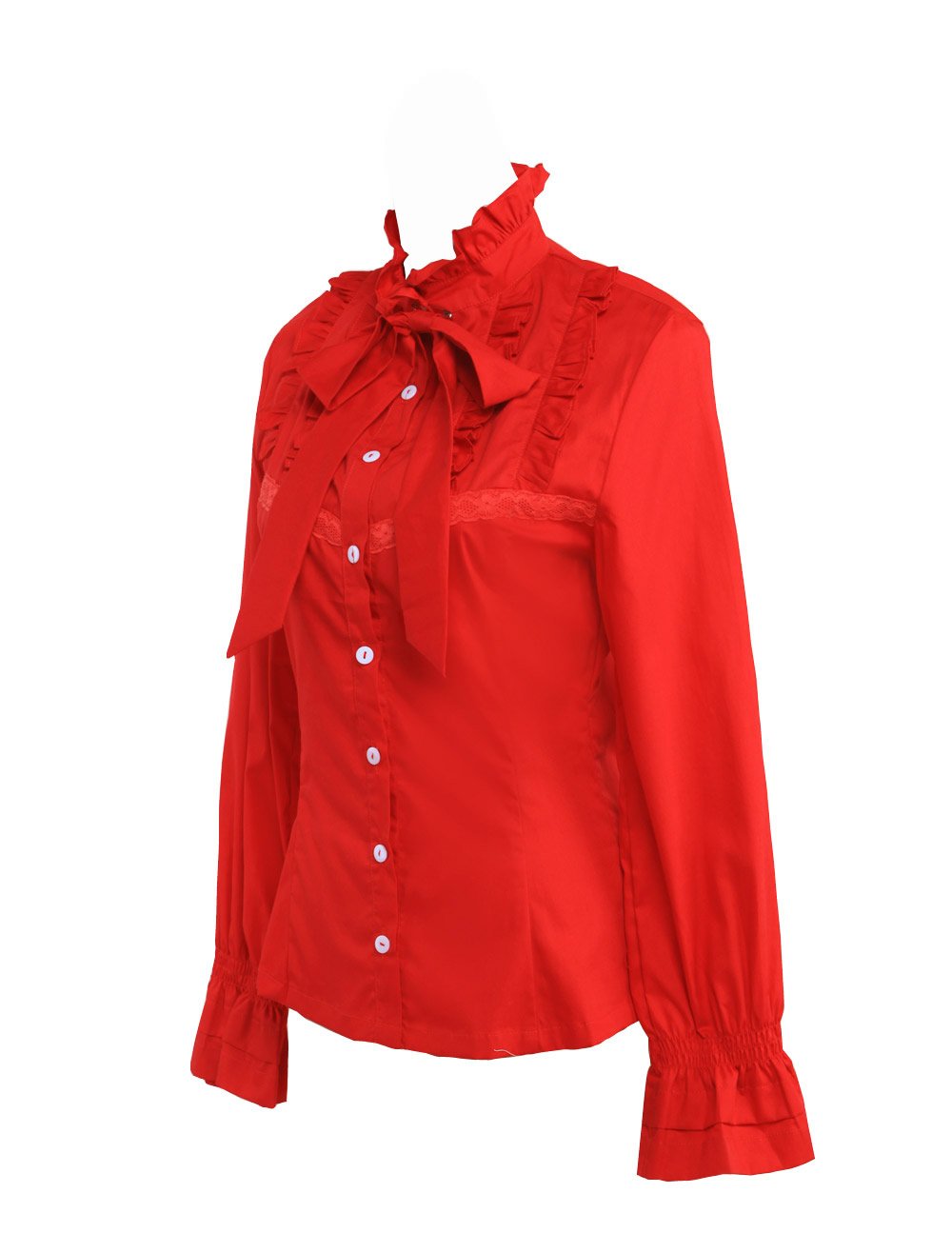 an*tai*na* Camicia Tradizionale Lolita con Colletto rialzato in Cotone Rosso con Arricciatura in Pizzo e Fiocco