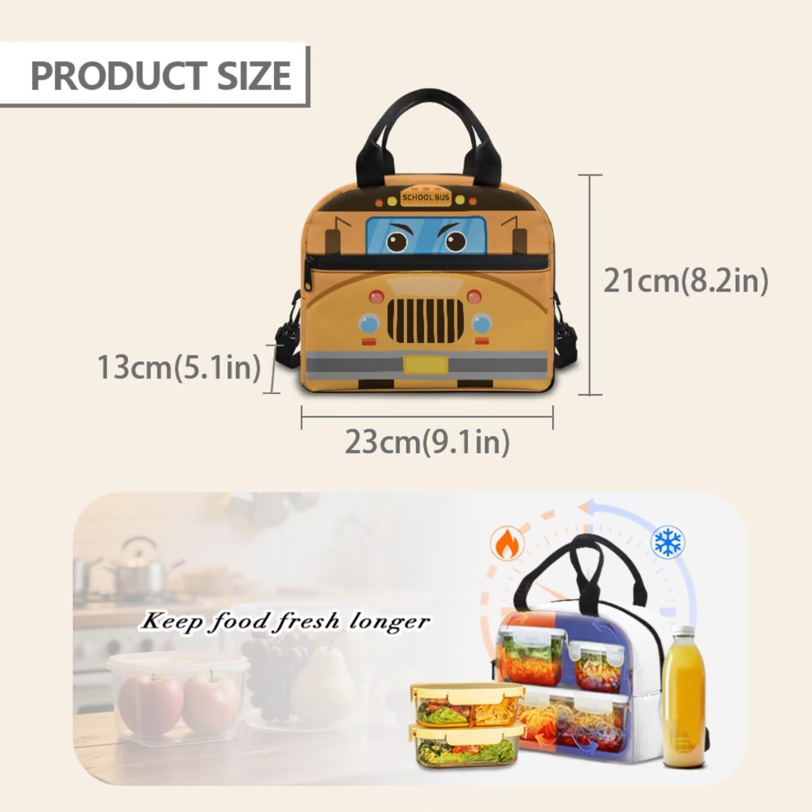 Set di 3 libri scolastici per ragazze con astuccio termico per il pranzo, Bus scolastico, L, Casual