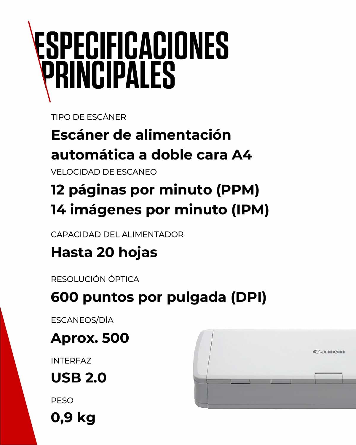 Canon imageFORMULA R10 Escáner Portátil | Escaneo a Doble Cara en hogar y Oficina | Alimentación por USB | hasta 12 pág. por min | Alimentador de 20 Hojas | Incluye Software Canon CaptureOnTouch Lite