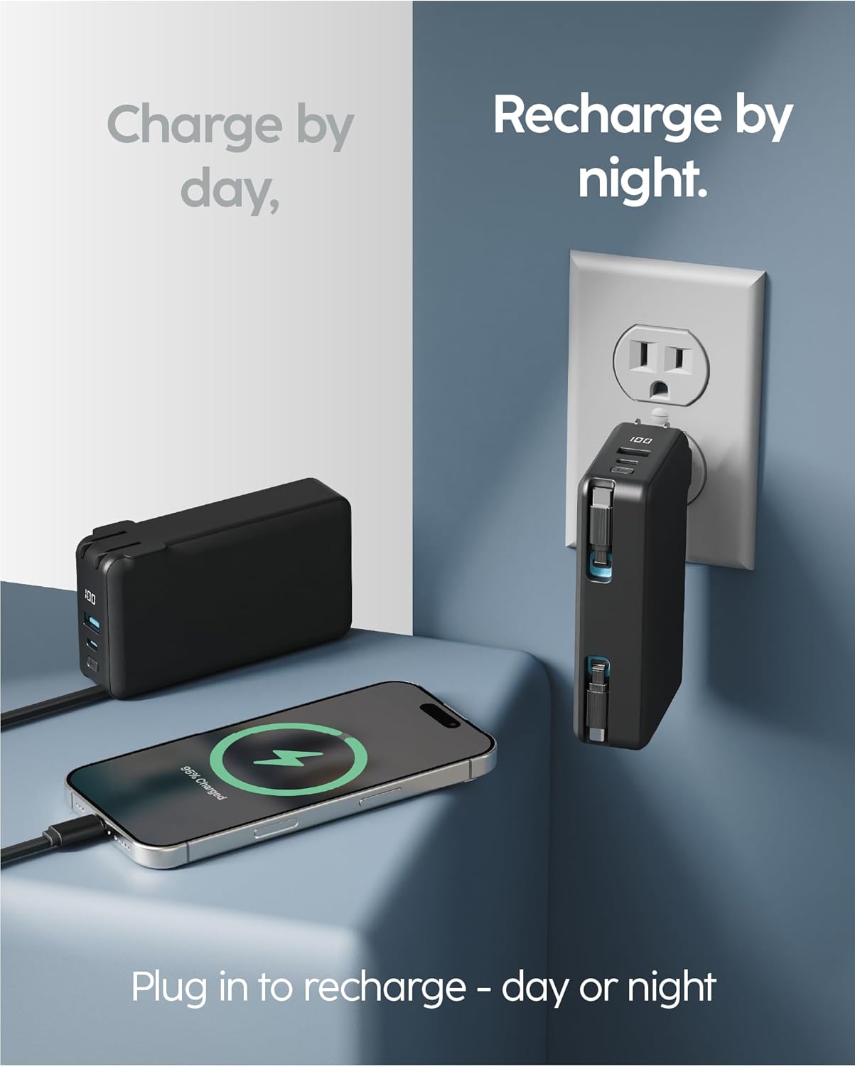 myCharge RetractaCharger 10000mAh Portable Charger Power Bank with 28-Inch Retractable USB-C & Lightning Cables | Qi Wireless Charging | Built-in Wall Plug | Premium Fabric | Digital Display