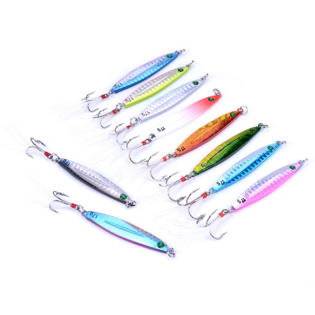 Aorace 10pcs Hard Metal Jigs Diving Sea Fishing Lures Minnow Popper Baits Tackle Crankbait Saltwater Freshwater Lures with Feather