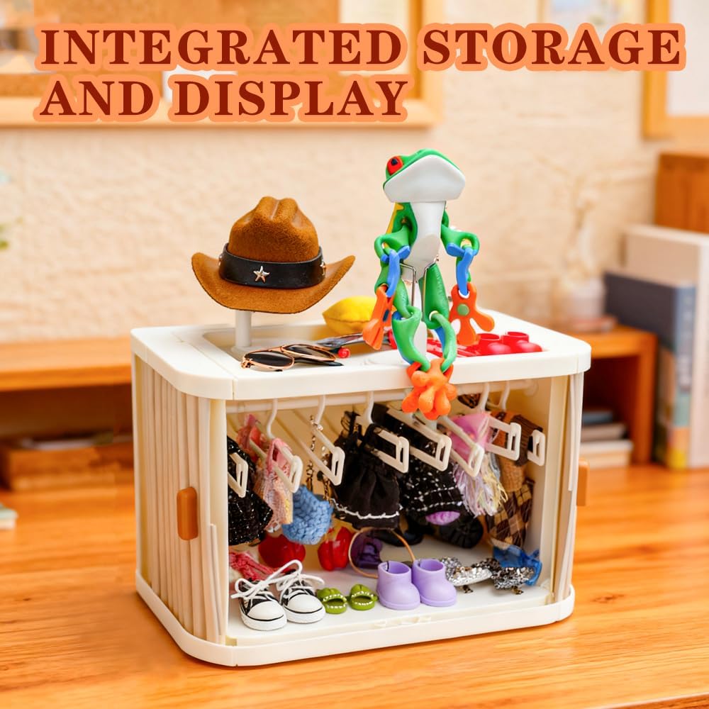 Foldable Doll Wardrobe Storage Compatible with Labubu - Complete Display Kit with 15 Hangers, Rod & 4 Stands - Sliding Door Organizer with Top Shelf