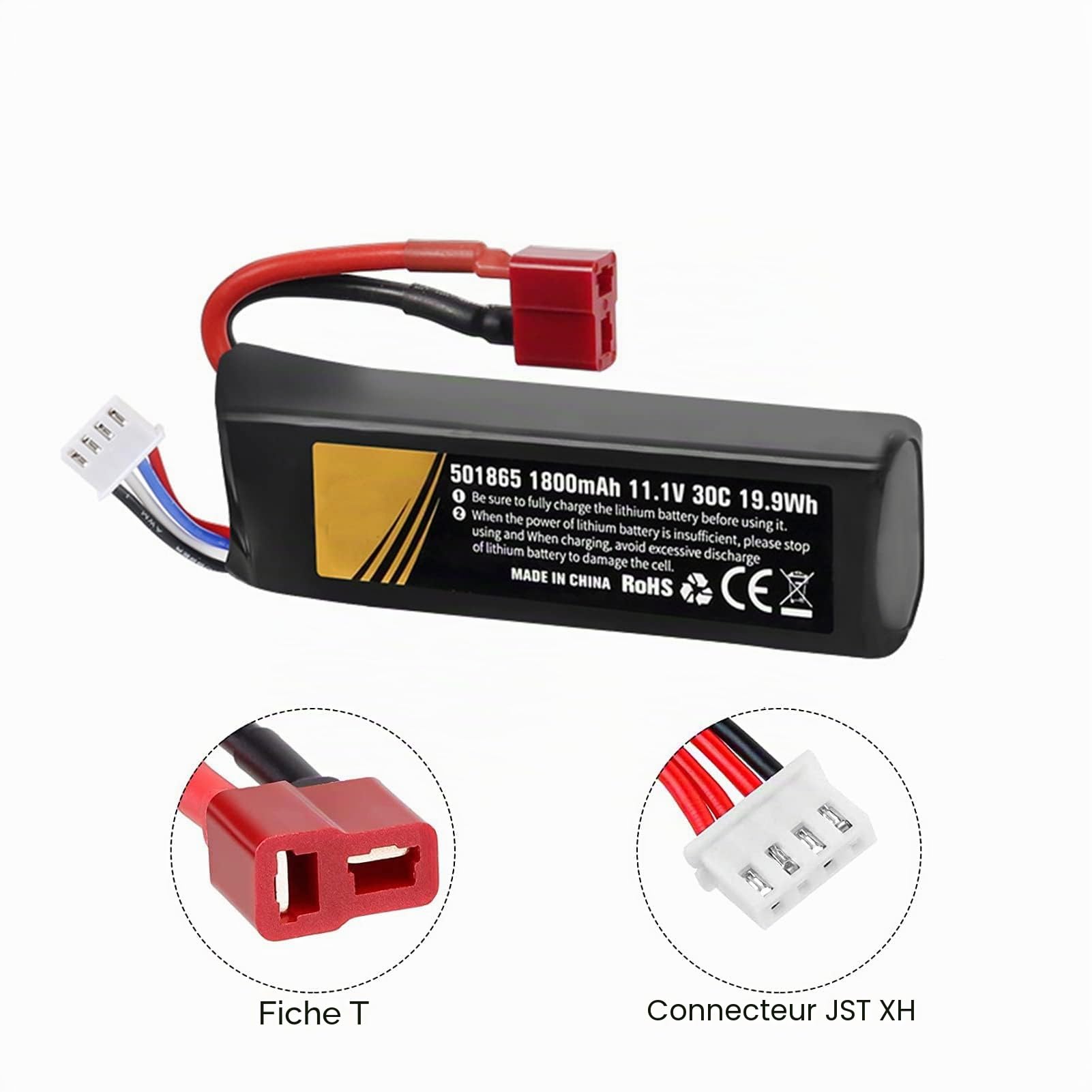 Batterie 1800mAh 30C 11.1v lipo Airsoft Connecteur en T avec Chargeur USB Prise T vers câble Mini Tamiya Compatible avec Airsoft Gel Piles Rechargeables pour Blaster à Perles d'eau Accessoires 2 Pcs
