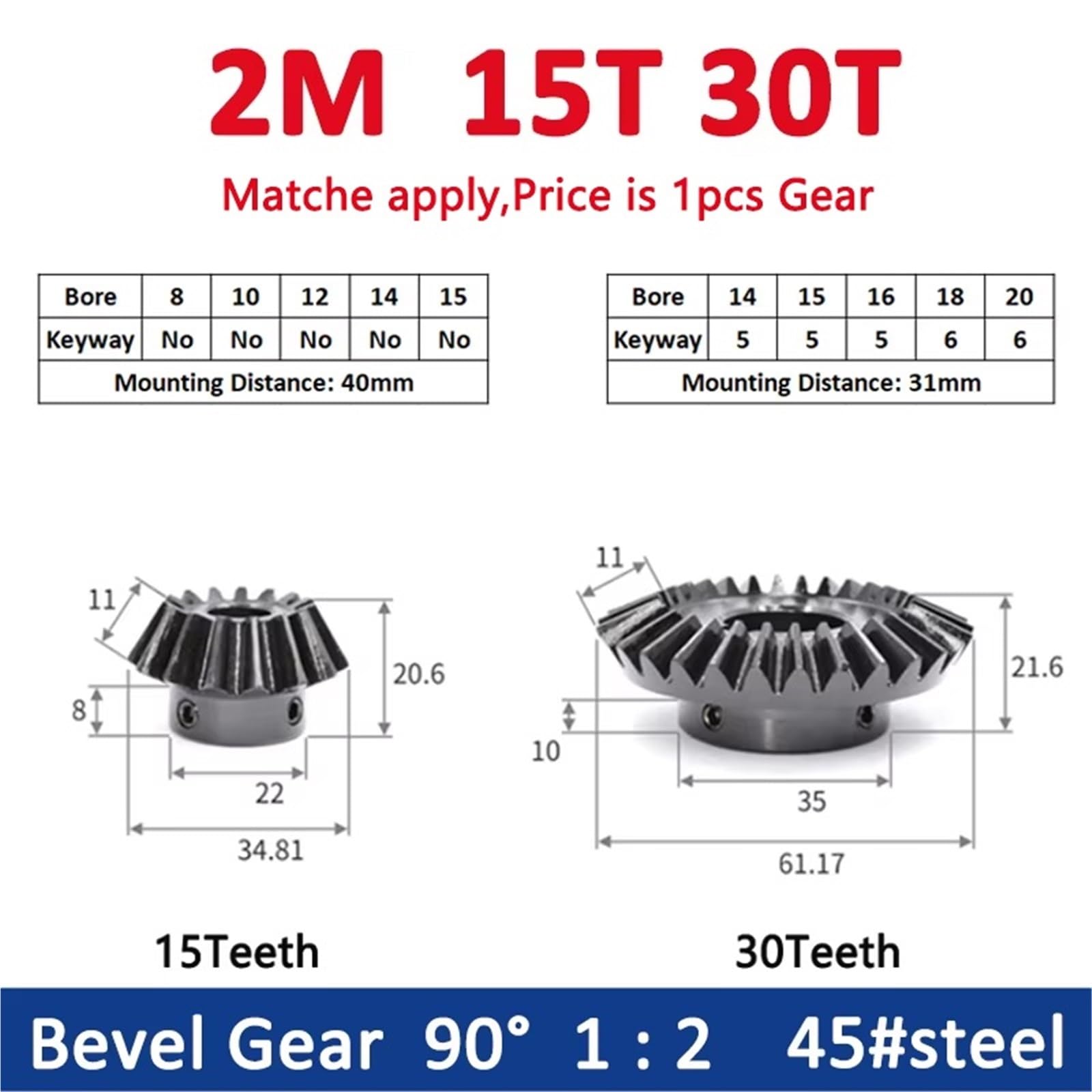2M Kegelradsatz - 15 Zähne und 30 Zähne, 90 Grad, kompatibel mit verschiedenen Lochgrößen (8-20 mm) - haltbarer 45# Stahl(15mm 30 Teeth)