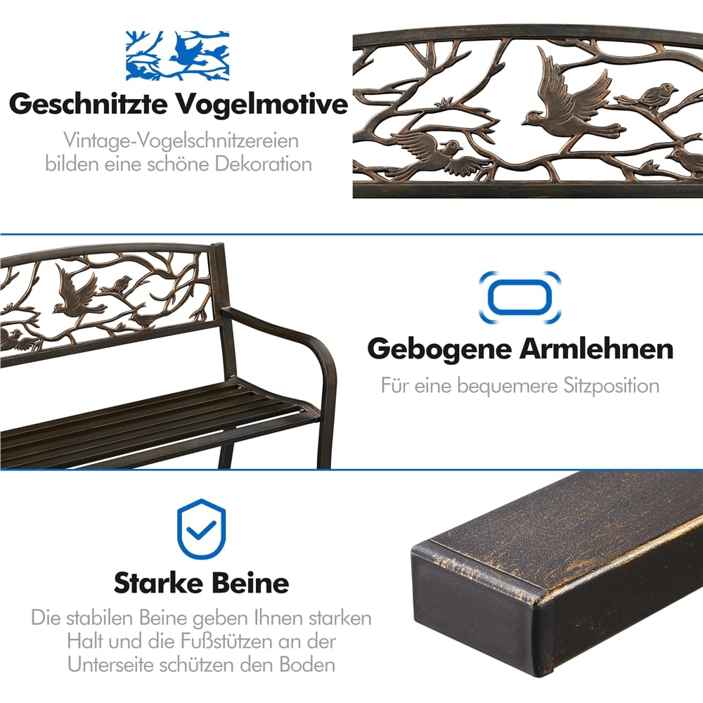 Yaheetech Gartenbank für 3 Personen Metallbank mit Vogelmuster, Bronze | Sitzbank im Retro-Stil Gartenbank Eisenbank Ruhebank im Retro-Stil mit Rückenlehne & Armlehne für Hof/Garten/Terrasse/Balkon