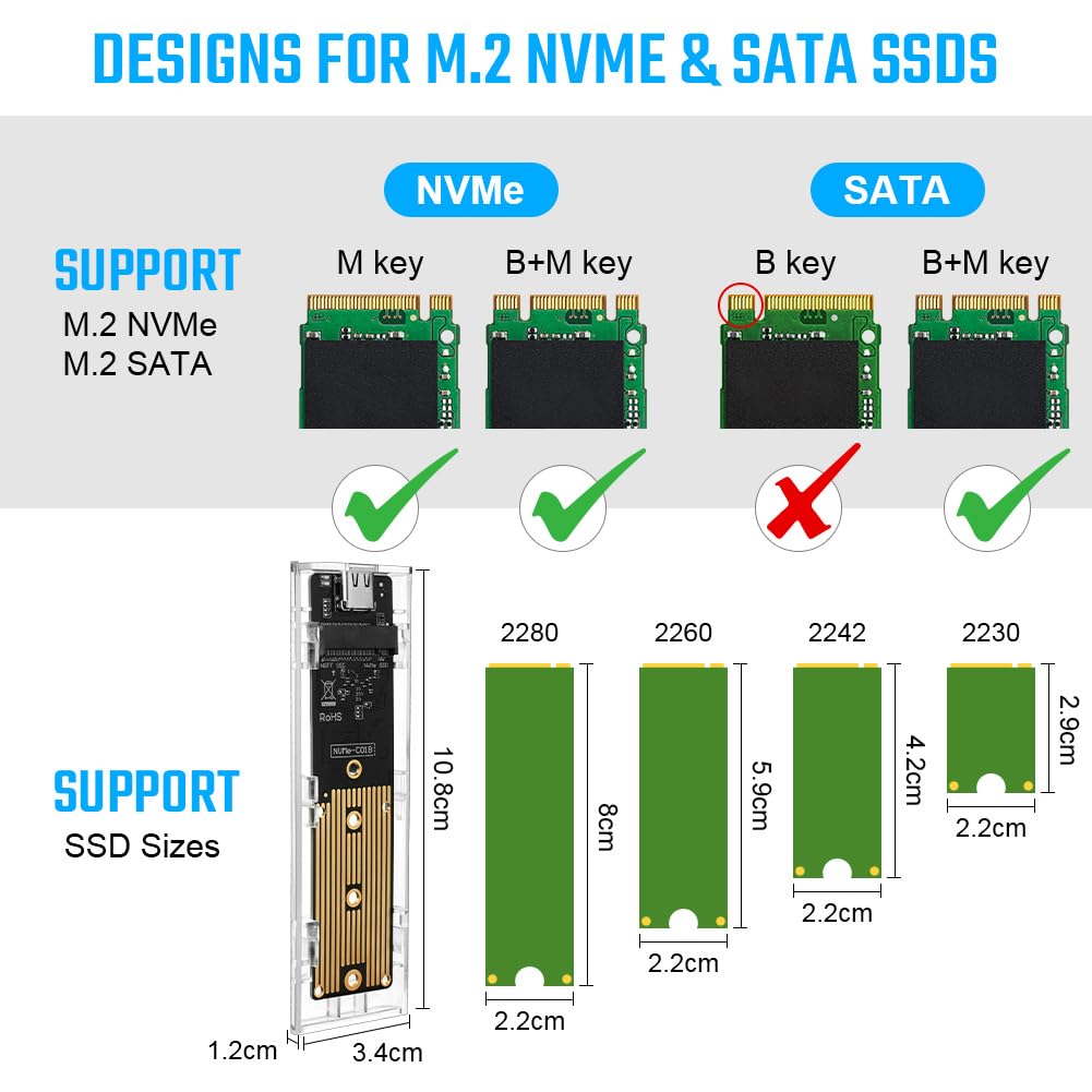 AXFEE Case SSD NVME, USB 3.1 Gen 2 10Gbps UASP per NVMe PCIe M-Key/M+B Key, 10Gbps Adattatore USB, Enclosure Lettore M2 per SSD Size 2230/2242 / 2260 / 2280, con UASP adattatore m2