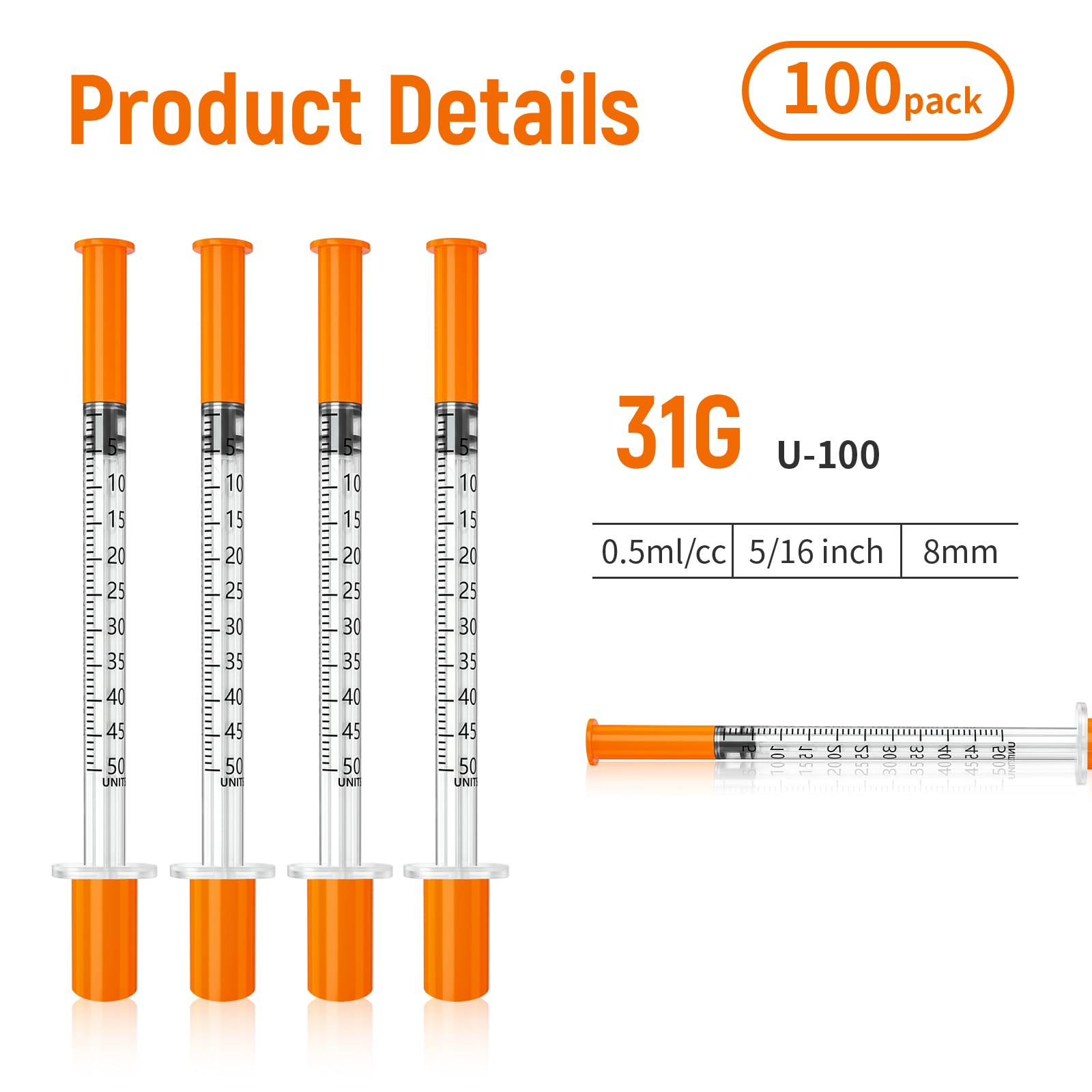 0.5ml 31G 5/16" syring, Seringe insulin, Individually Packed, Smooth & Comfortable, Pack of 100 — Amazon image 5