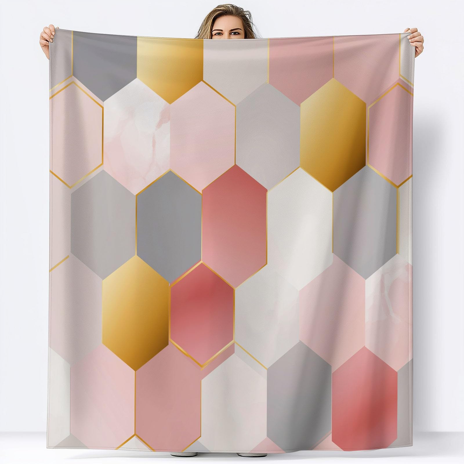Coperta Plaid Pile in Flanella 180x220 cm Coperta Pile Piccola Esagoni Geometrici A Nido D'Ape, Morbida Soffice Calda Coperte per Divano Singolo Matrimoniale Letto Rosa