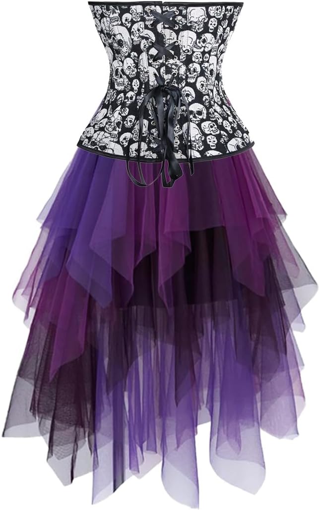 Jutrisujo Women's Black Corset Top with Dress Multi Layer Skirt Tulle Overbust Bustier Skull
