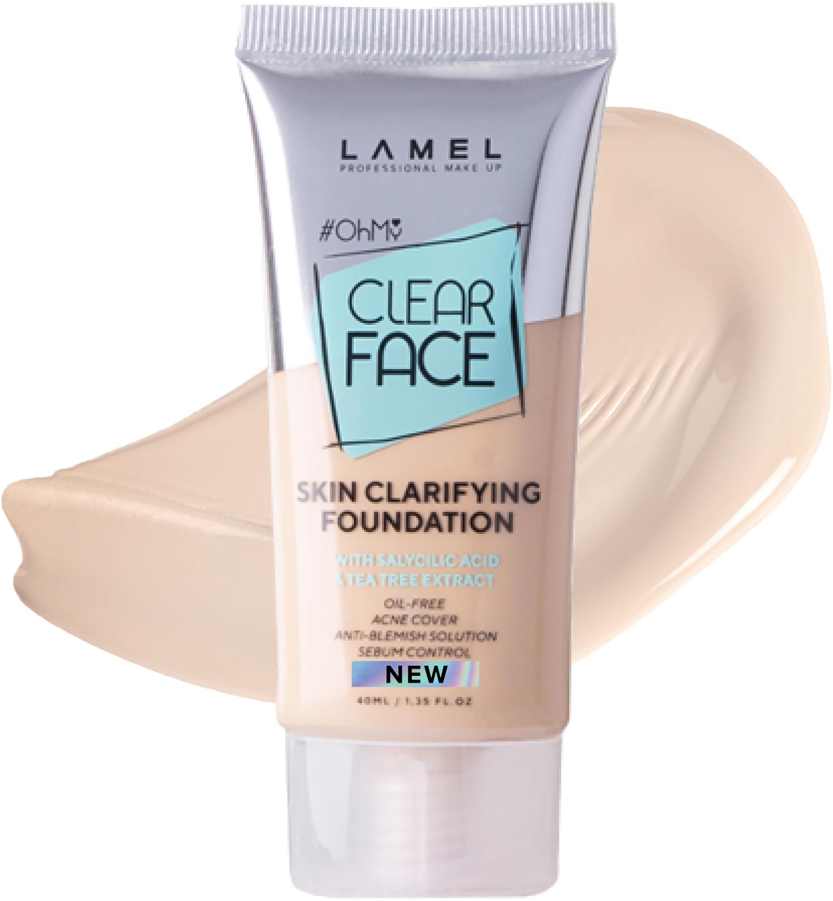 LAMEL Oh My Clear Face Full Coverage Foundation for Oily & Acne Prone Skin, Salicylic Acid & Tea Tree Extract, Anti-Blemish Sensitive Skin Care, Organic & Oil-Free, 401 Soft Beige, 40 ml / 1.35 fl.oz