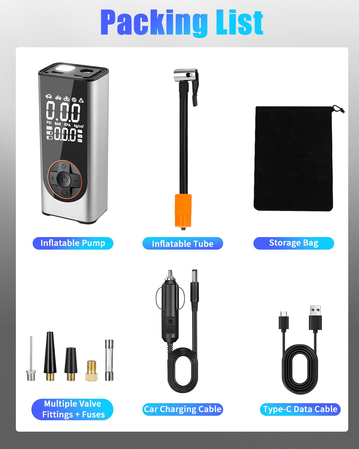 Gonfia Gomme Auto Portatile, 6000mAh 150PSI Mini Compressore Portatile Senza Fili, Gonfiatore Elettrico con 4 Ugelli, Torcia LED, Pompa Elettrica per Bicicletta per Auto, Moto, Biciclette e Palloni